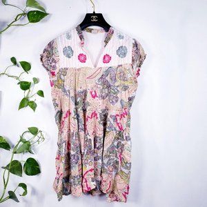 SHEETAL Women Pink Cream Floral Tunic Tops 2 XS V-Neck Embroidered Beaded Peplum